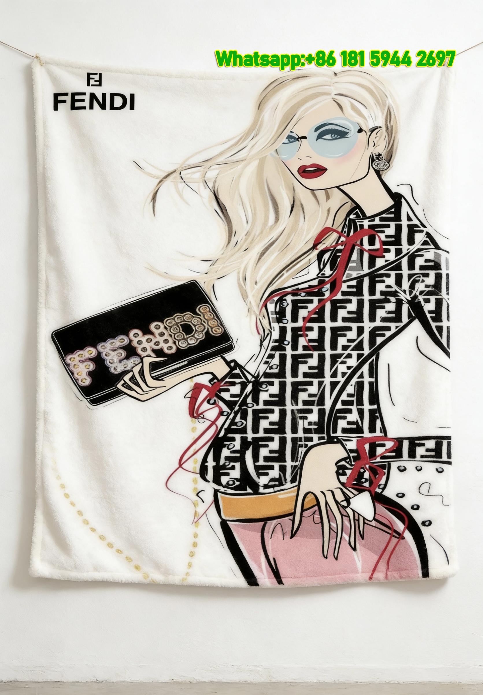 Fendi Fashion Illustration FF Monogram Flannel Throw Blanket IMG_9582
